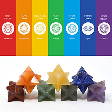 Crystal & Gemstone Merkaba Chakra Set with Wood Case for for Spiritual Healing, Reiki Balancing Chakras, Aura Cleansing, Ghost Hunting, Meditation Chi